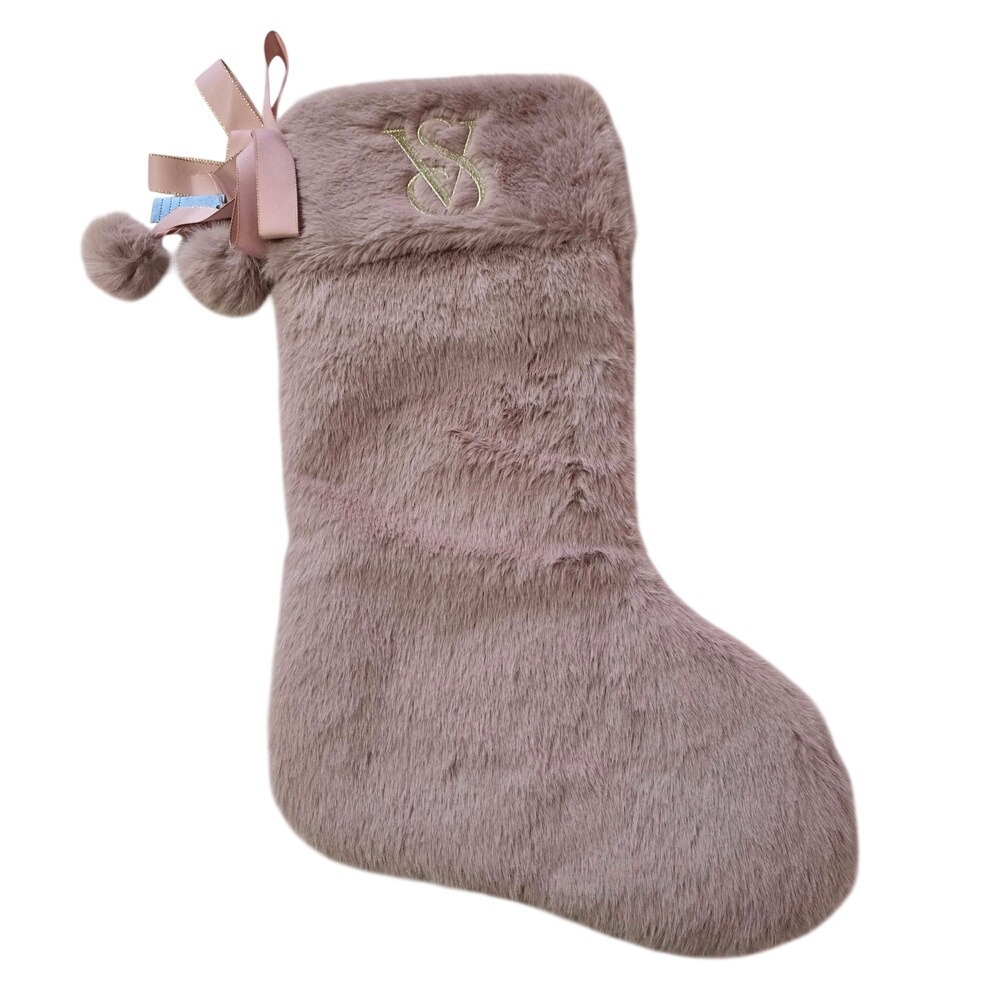 Victoria's Secret Pink Faux Fur Christmas Stocking VS Monogram Pom Pom New